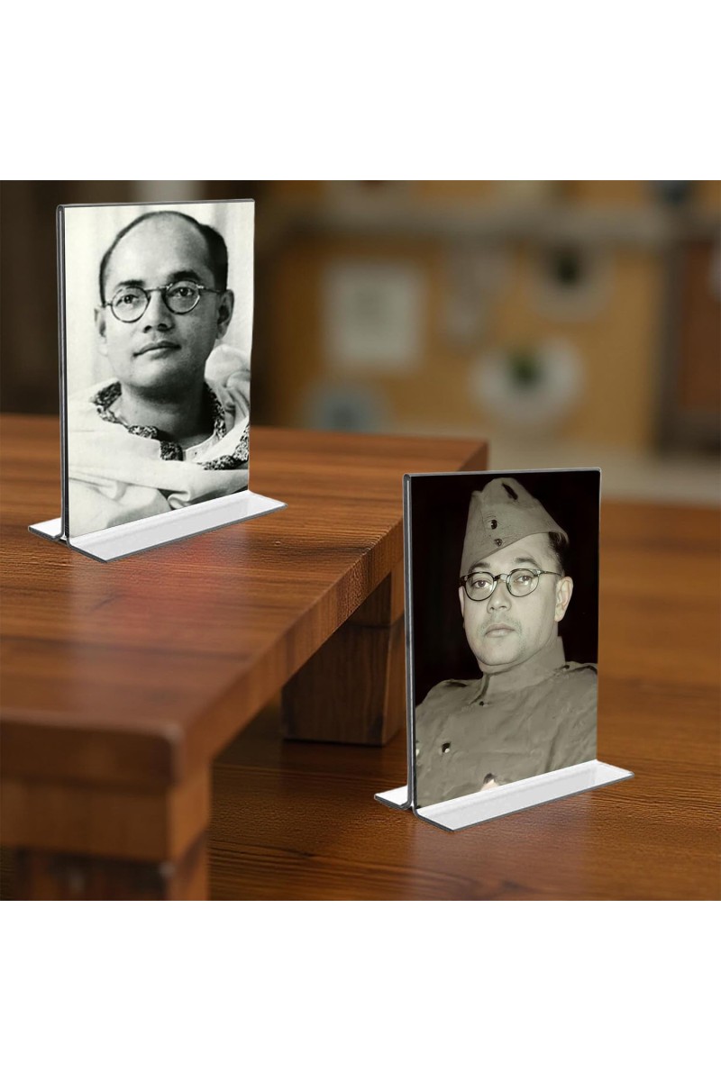 Netaji Subhas Chandra Bose Acrylic T-Style Photo Stand - 7x9 Inches, Compact and Stylish Spiritual Display, easily change 2 photos (Pack of 1)