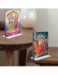 Sri Lakshmi Narayan & Sri Radha Krishna Acrylic T-Style Photo Stand - 7x9 Inches, Compact and Stylish Spiritual Display, easily change 2 photos (Pack of 1)