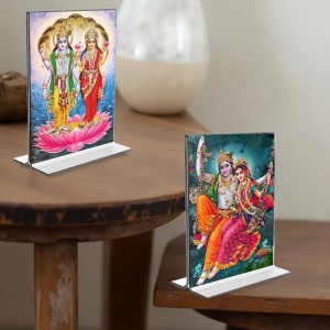 Sri Lakshmi Narayan & Sri Radha Krishna Acrylic T-Style Photo Stand - 7x9 Inches, Compact and Stylish Spiritual Display, easily change 2 photos (Pack of 1)