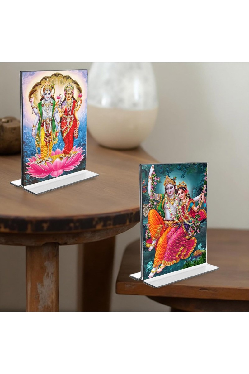 Sri Lakshmi Narayan & Sri Radha Krishna Acrylic T-Style Photo Stand, Compact and Stylish Spiritual Display, easily change 2 photos (Pack of 1)