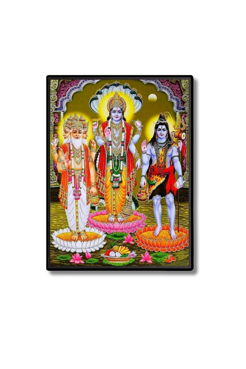 Brahma Vishnu & Lord Shiva Laminated Photo (9x11 Inches Without glass) Divine Blessings for Table and Walls,Home & Office and Temple Decoration