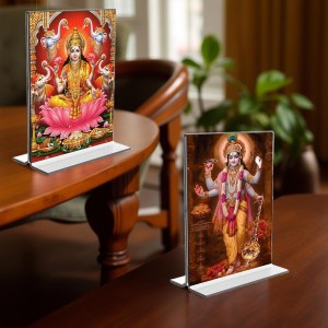 Debi Lakshmi Lord Narayan Acrylic T-Style Photo Stand, Compact and Stylish Spiritual Display, easily change 2 photos (Pack of 1)