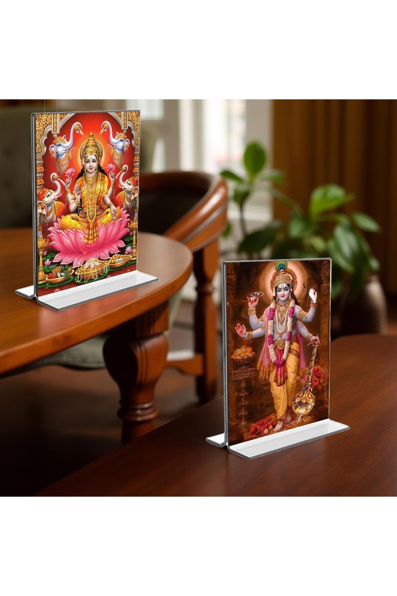 Debi Lakshmi Lord Narayan Acrylic T-Style Photo Stand, Compact and Stylish Spiritual Display, easily change 2 photos (Pack of 1)