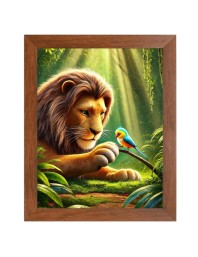 AI Funny Lion with bird Art Picture for Kids - 12x16 inches, Brown Color - Perfect Wall Decor for Children's Room