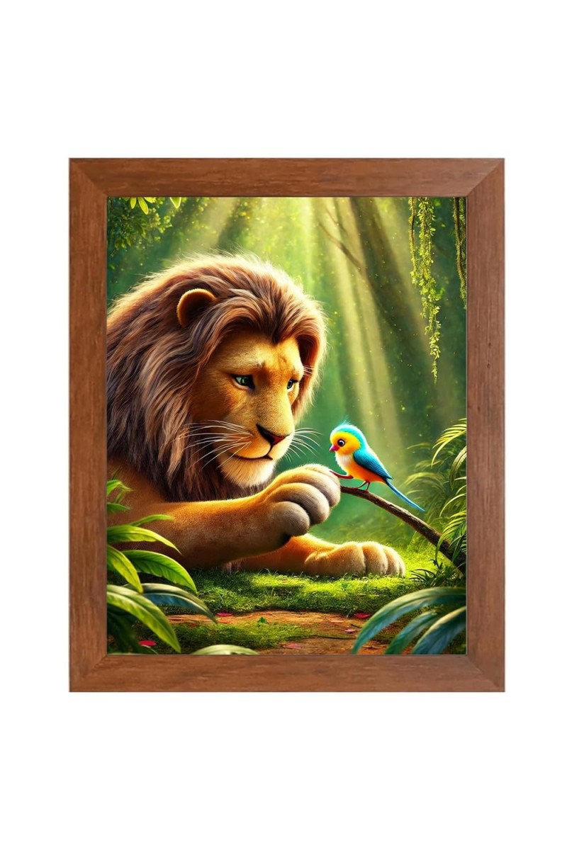 AI Funny Lion with bird Art Picture for Kids - 10x14 inches, Brown Color - Perfect Wall Decor for Children's Room