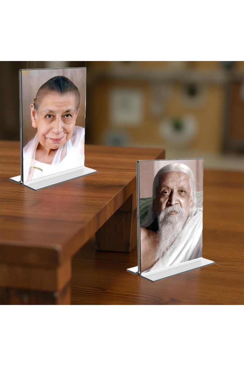 Sri Aurobindo & Debi Mirra Alfassa Acrylic T-Style Photo Stand, Compact and Stylish Spiritual Display, easily change 2 photos (Pack of 1)