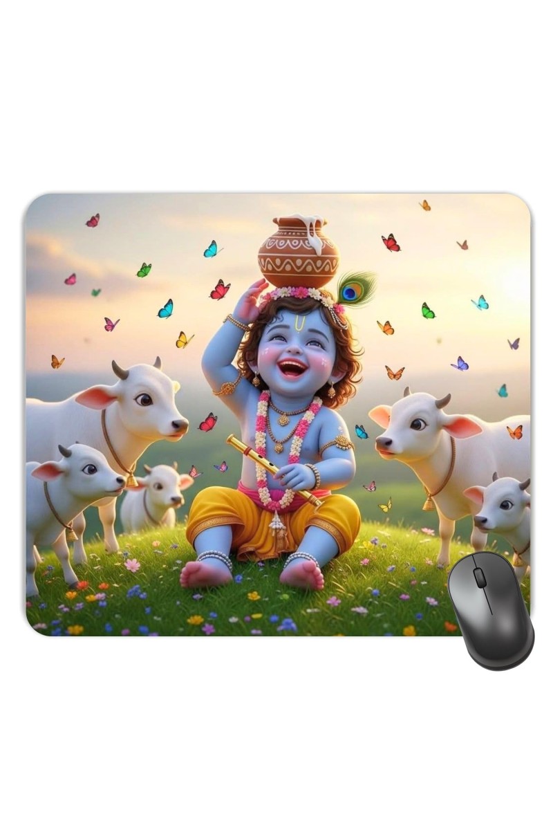 Customized Lord Krishna Picture Sublimation Mouse Pad | 8 X 7.5 Inch | Smooth Cloth Surface | Non-Slip Rubber Base | Personalized Mousepad for Laptop & Desktop (F17128)