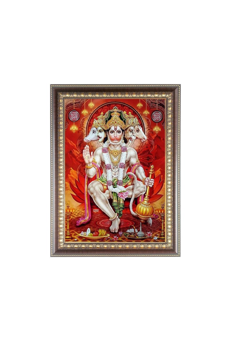 Lord Panchmukhi Hanuman ji Photo Frame - 10x14 Inches, Brown Wooden Frame for Home, Office & Temple Decoration
