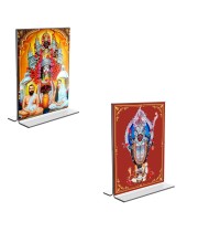 Car Desk/Table Top Maa Kali & Dakshineswar Kali Acrylic T-Style Photo Stand - 2.5x3.5 Inches, Compact and Stylish Spiritual Display, easily change 2 photos (Pack of 1)