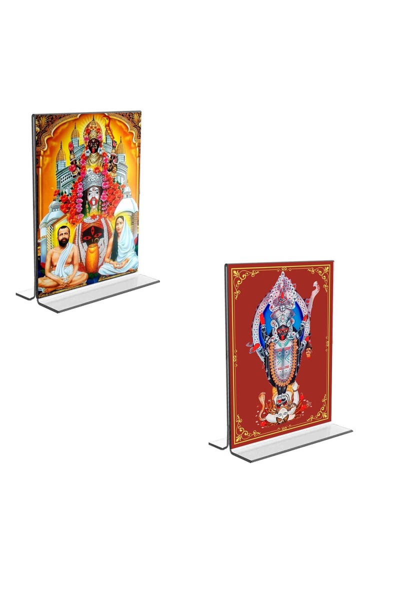 Car Desk/Table Top Maa Kali & Dakshineswar Kali Acrylic T-Style Photo Stand - 2.5x3.5 Inches, Compact and Stylish Spiritual Display, easily change 2 photos (Pack of 1)