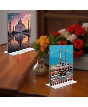 Taj Mahal & Mecca Madina Acrylic T-Style Photo Stand - 9x11 Inches, Compact and Stylish Spiritual Display, easily change 2 photos (Pack of 1)