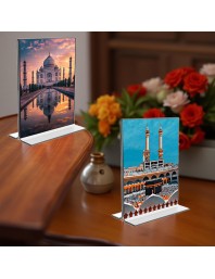 Taj Mahal & Mecca Madina Acrylic T-Style Photo Stand - 9x11 Inches, Compact and Stylish Spiritual Display, easily change 2 photos (Pack of 1)
