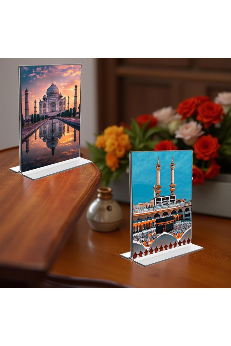 Taj Mahal & Mecca Madina Acrylic T-Style Photo Stand, Compact and Stylish Spiritual Display, easily change 2 photos (Pack of 1)