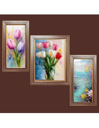 3-Pack Multi colour tulip flowers painting Photo Frames - 2 Pieces 12x19 Inch & 1 Piece 16x19 Inch - Rustic Wall Art for Home & Office Decor - Botanical Wall Hanging for Living Room, Bedroom, or
