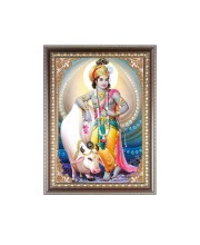 Lord Sri Krishna With Cow Photo Frame - 10x14 Inches, Brown Wooden Frame for Home, Office & Temple Decoration