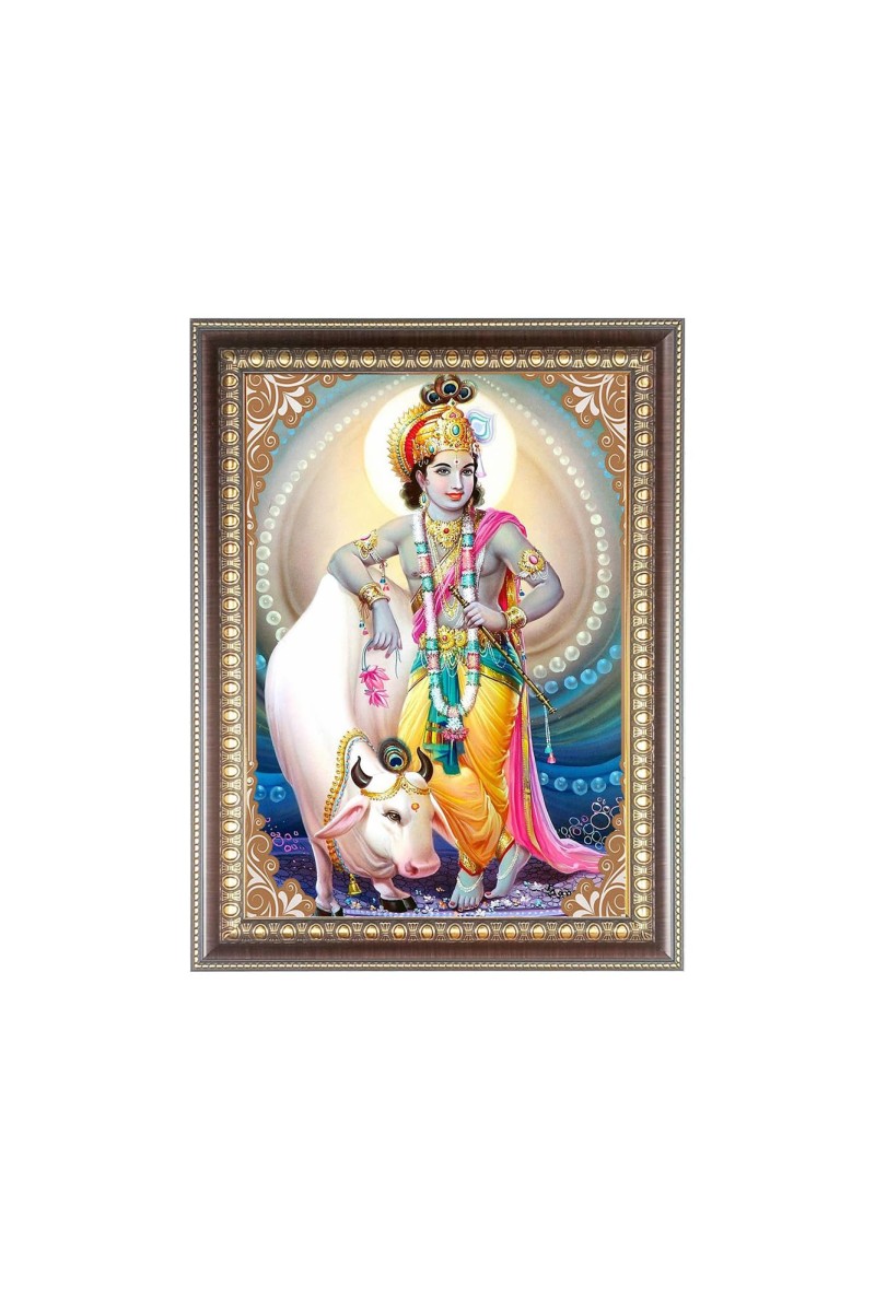 Lord Sri Krishna With Cow Photo Frame - 10x14 Inches, Brown Wooden Frame for Home, Office & Temple Decoration