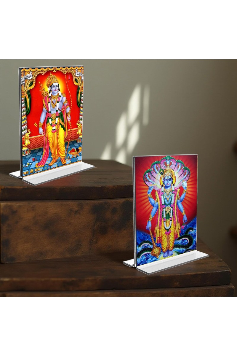 Sri Ram & Lord Vishnu Acrylic T-Style Photo Stand, Compact and Stylish Spiritual Display, easily change 2 photos (Pack of 1)