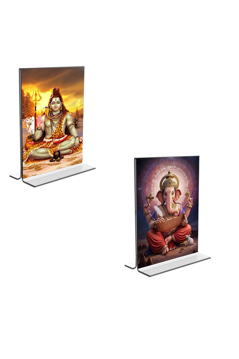 Car Desk/Table Top Lord Shiva & Lord Ganesh Acrylic T-Style Photo Stand - 2.5x3.5 Inches, Compact and Stylish Spiritual Display, easily change 2 photos (Pack of 1)