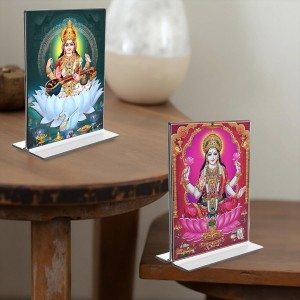 Debi Saraswati & Debi Lakshmi Acrylic T-Style Photo Stand - 9x11 Inches, Compact and Stylish Spiritual Display, easily change 2 photos (Pack of 1)