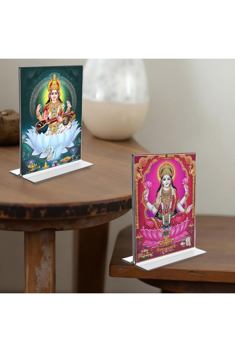 Debi Saraswati & Debi Lakshmi Acrylic T-Style Photo Stand, Compact and Stylish Spiritual Display, easily change 2 photos (Pack of 1)