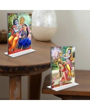 Sri Radha Sri Krishna Acrylic T-Style Photo Stand - 11x13 Inches, Compact and Stylish Spiritual Display, easily change 2 photos (Pack of 1)