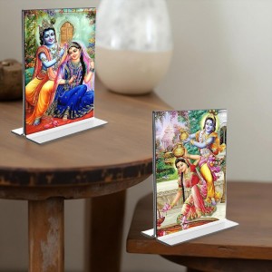 Sri Radha Sri Krishna Acrylic T-Style Photo Stand - 9x11 Inches, Compact and Stylish Spiritual Display, easily change 2 photos (Pack of 1)