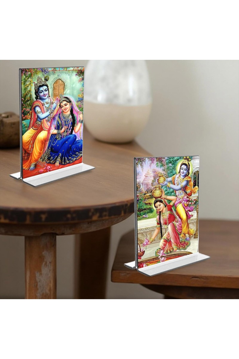 Sri Radha Sri Krishna Acrylic T-Style Photo Stand - 11x13 Inches, Compact and Stylish Spiritual Display, easily change 2 photos (Pack of 1)