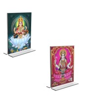 Car Desk/Table Top Maa Saraswati & Maa Lakshmi Acrylic T-Style Photo Stand - 2.5x3.5 Inches, Compact and Stylish Spiritual Display, easily change 2 photos (Pack of 1)