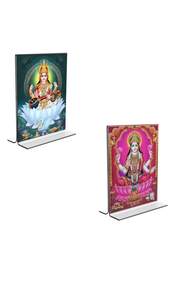 Car Desk/Table Top Maa Saraswati & Maa Lakshmi Acrylic T-Style Photo Stand - 2.5x3.5 Inches, Compact and Stylish Spiritual Display, easily change 2 photos (Pack of 1)
