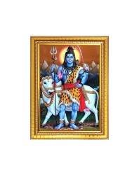 Lord Shiva With His Cow Nandi Photo Frame - 16x20 Inches, Brown Wooden Frame for Home, Office & Temple Decoration