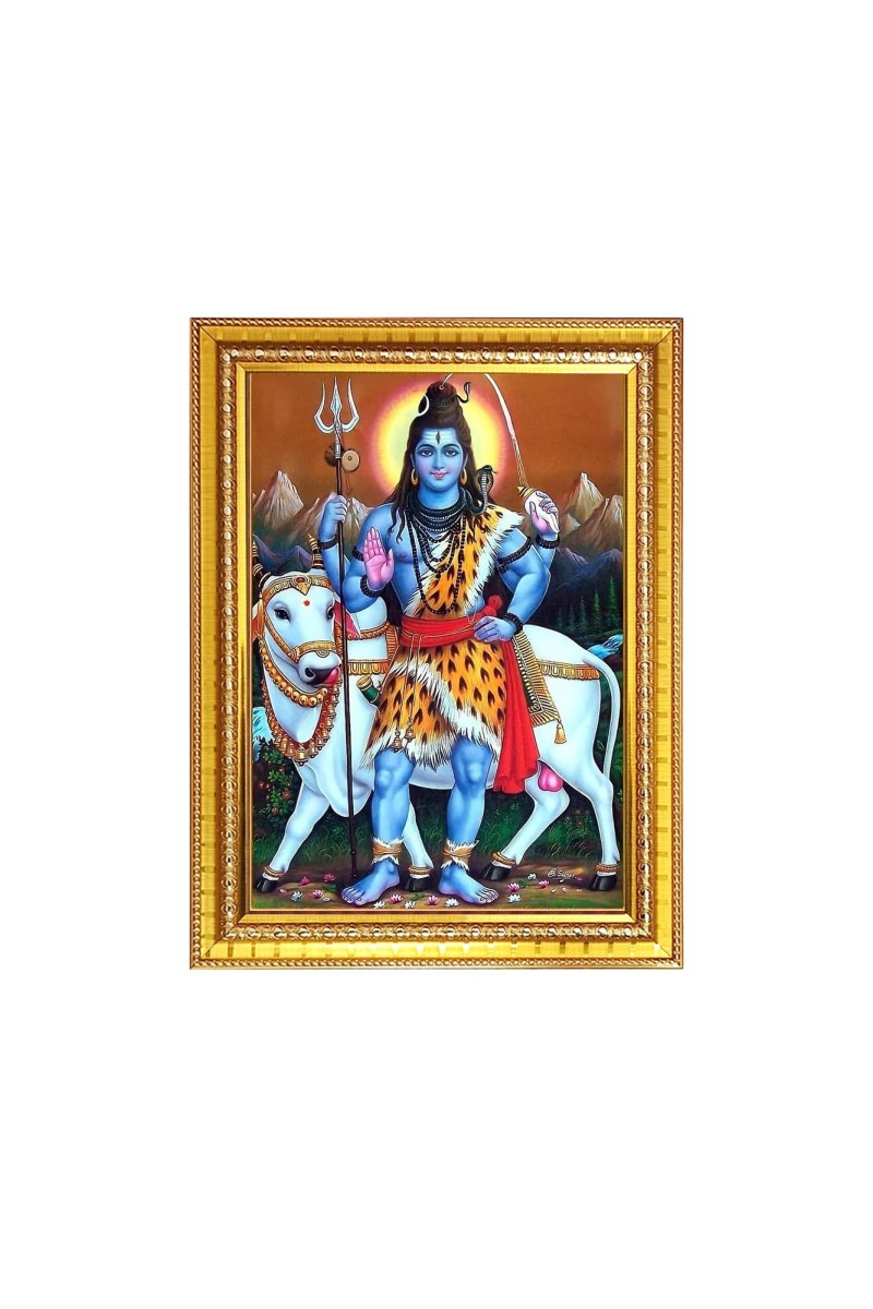 Lord Shiva With His Cow Nandi Photo Frame - 10x14 Inches, Brown Wooden Frame for Home, Office & Temple Decoration