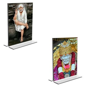 Car Desk/Table Top Sai Baba Acrylic T-Style Photo Stand - 2.5x3.5 Inches, Compact and Stylish Spiritual Display, easily change 2 photos (Pack of 1)