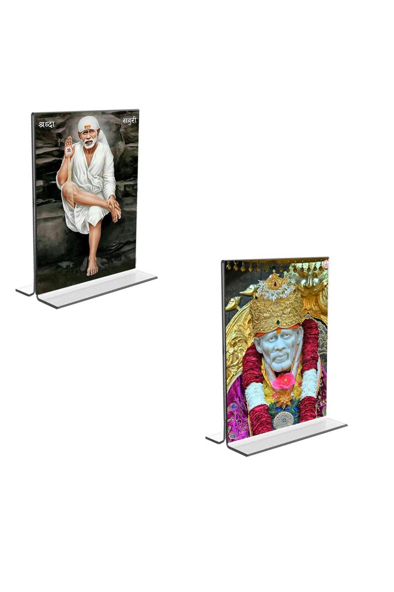 Car Desk/Table Top Sai Baba Acrylic T-Style Photo Stand - 2.5x3.5 Inches, Compact and Stylish Spiritual Display, easily change 2 photos (Pack of 1)