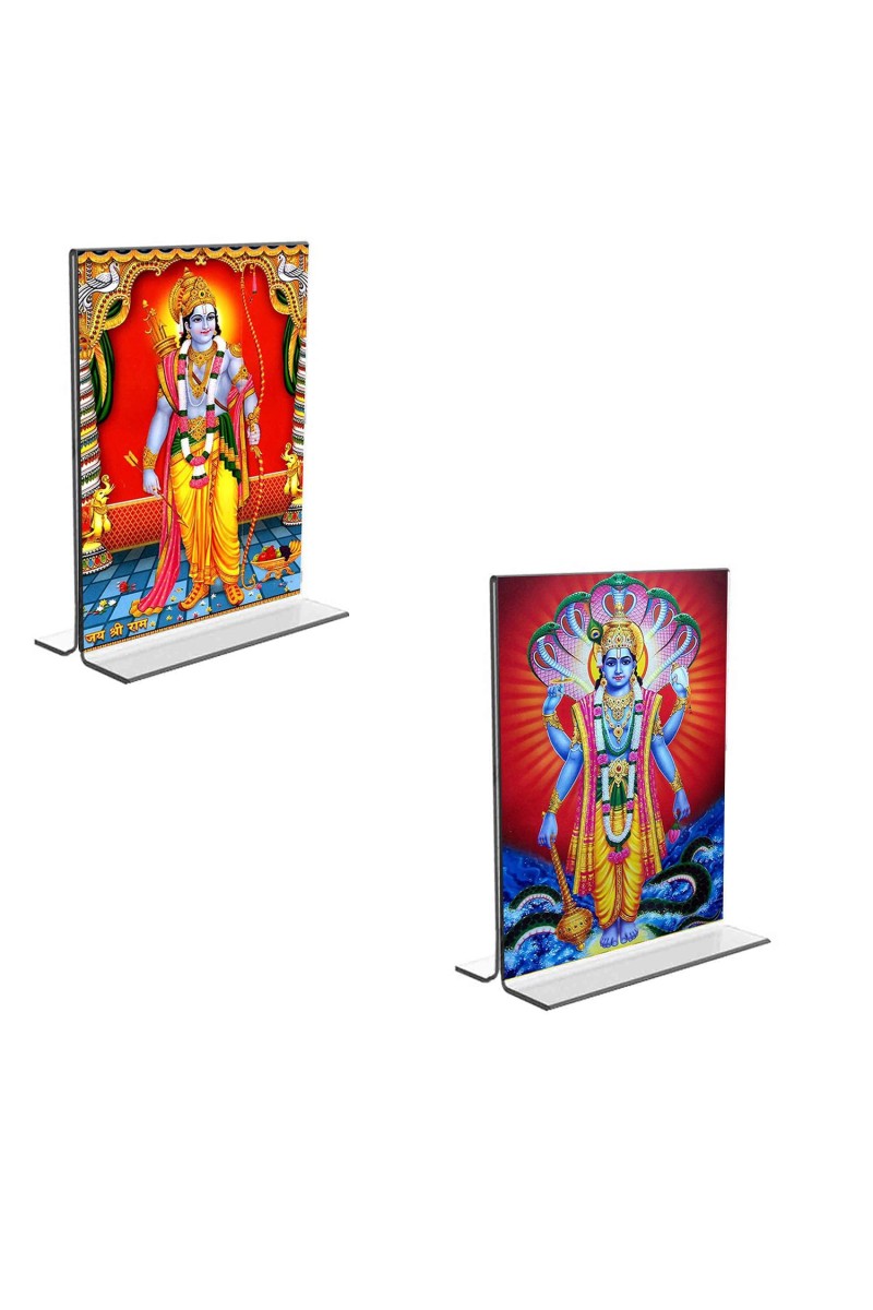 Car Desk/Table Top Sri Ram & Lord Vishnu Acrylic T-Style Photo Stand - 2.5x3.5 Inches, Compact and Stylish Spiritual Display, easily change 2 photos (Pack of 1)