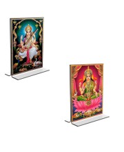 Car Desk/Table Top Maa Saraswati & Maa Lakhsmi Acrylic T-Style Photo Stand - 2.5x3.5 Inches, Compact and Stylish Spiritual Display, easily change 2 photos (Pack of 1)