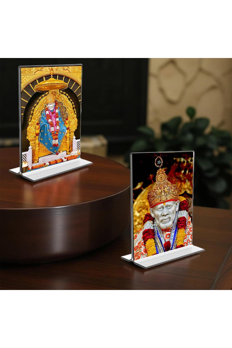 Sai Baba Acrylic T-Style Photo Stand - 5x7 Inches, Compact and Stylish Spiritual Display, easily change 2 photos (Pack of 1)
