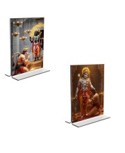 Car Desk/Table Top Sri Hanuman & Sri Ram Acrylic T-Style Photo Stand - 2.5x3.5 Inches, Compact and Stylish Spiritual Display, easily change 2 photos (Pack of 1)