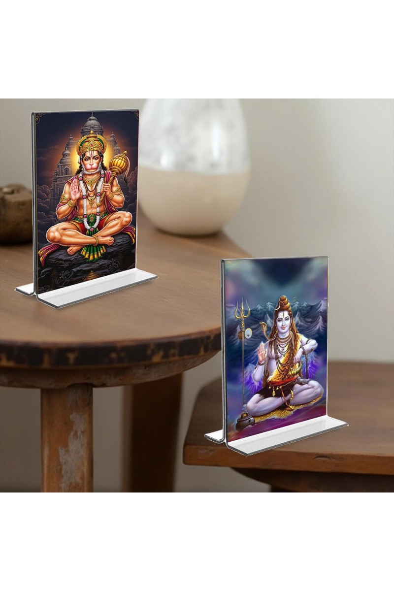 Sri Hanuman & Lord Shiva Acrylic T-Style Photo Stand, Compact and Stylish Spiritual Display, easily change 2 photos (Pack of 1)