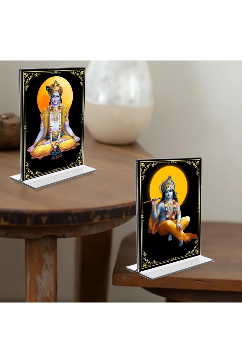 Lord Krishna Acrylic T-Style Photo Stand, Compact and Stylish Spiritual Display, easily change 2 photos (Pack of 1)