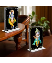 Sri Krishna Acrylic T-Style Photo Stand - 7x9 Inches, Compact and Stylish Spiritual Display, easily change 2 photos (Pack of 1)