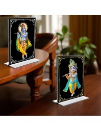 Sri Krishna Acrylic T-Style Photo Stand - 9x11 Inches, Compact and Stylish Spiritual Display, easily change 2 photos (Pack of 1)