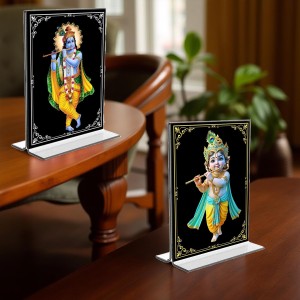 Sri Krishna Acrylic T-Style Photo Stand, Compact and Stylish Spiritual Display, easily change 2 photos (Pack of 1)