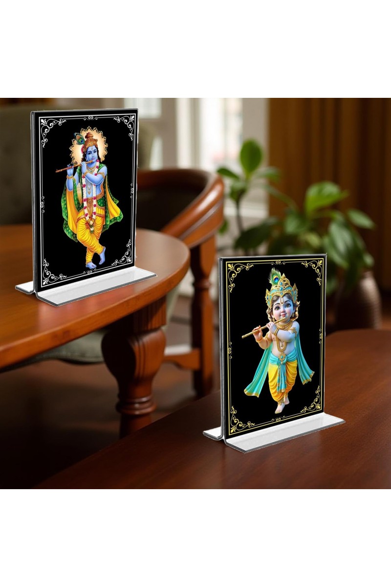 Sri Krishna Acrylic T-Style Photo Stand - 9x11 Inches, Compact and Stylish Spiritual Display, easily change 2 photos (Pack of 1)