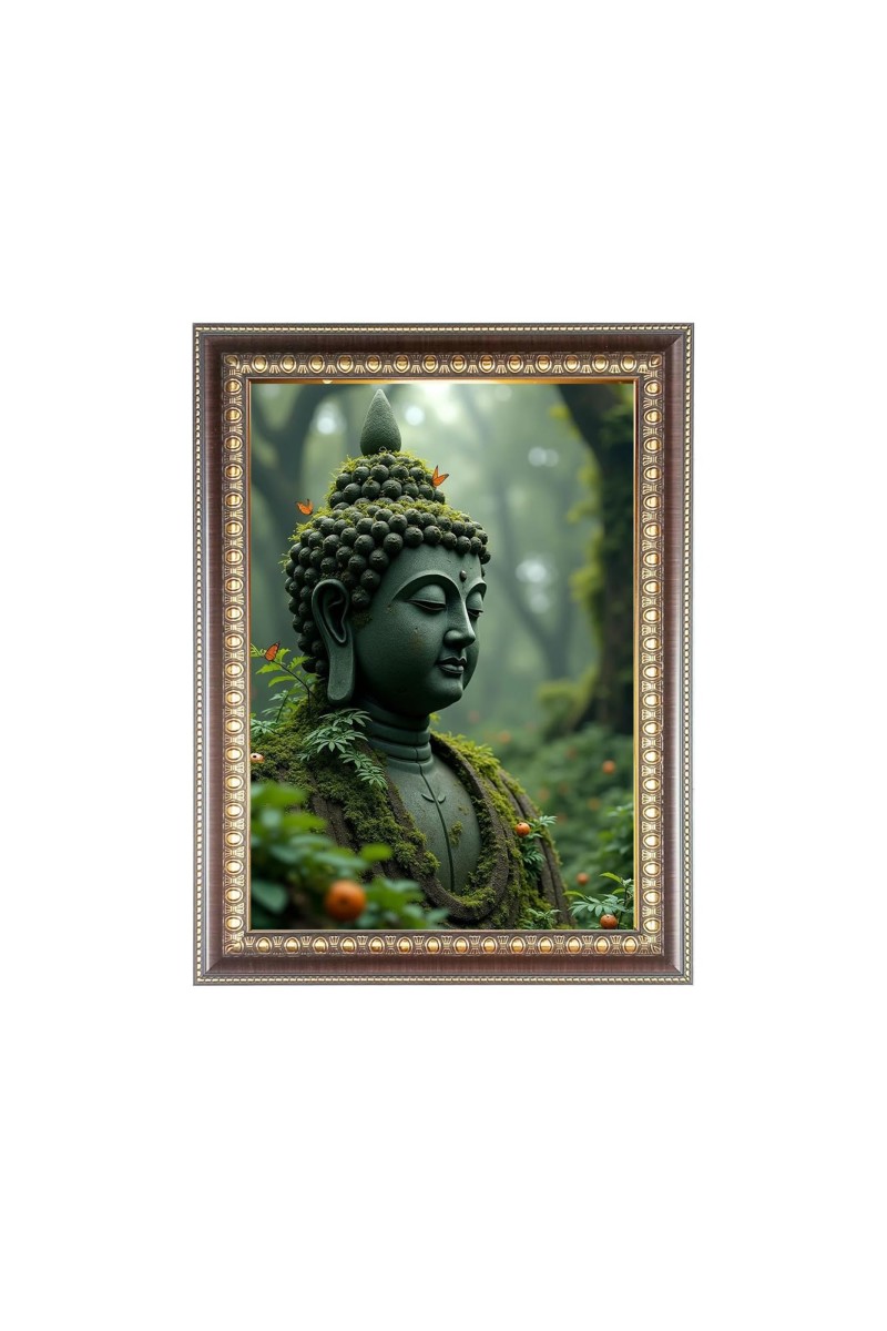 Lord Buddha Photo Frame - 10x14 Inches, Brown Wooden Frame for Home, Office & Temple Decoration