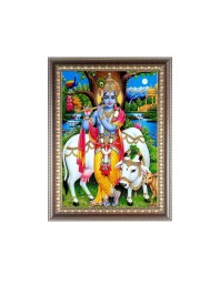 Sri Krishna With cow Photo Frame - 18x22 Inches, Brown Wooden Frame for Home, Office & Temple Decoration