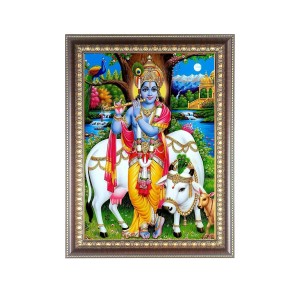 Sri Krishna With cow Photo Frame - 16x20 Inches, Brown Wooden Frame for Home, Office & Temple Decoration