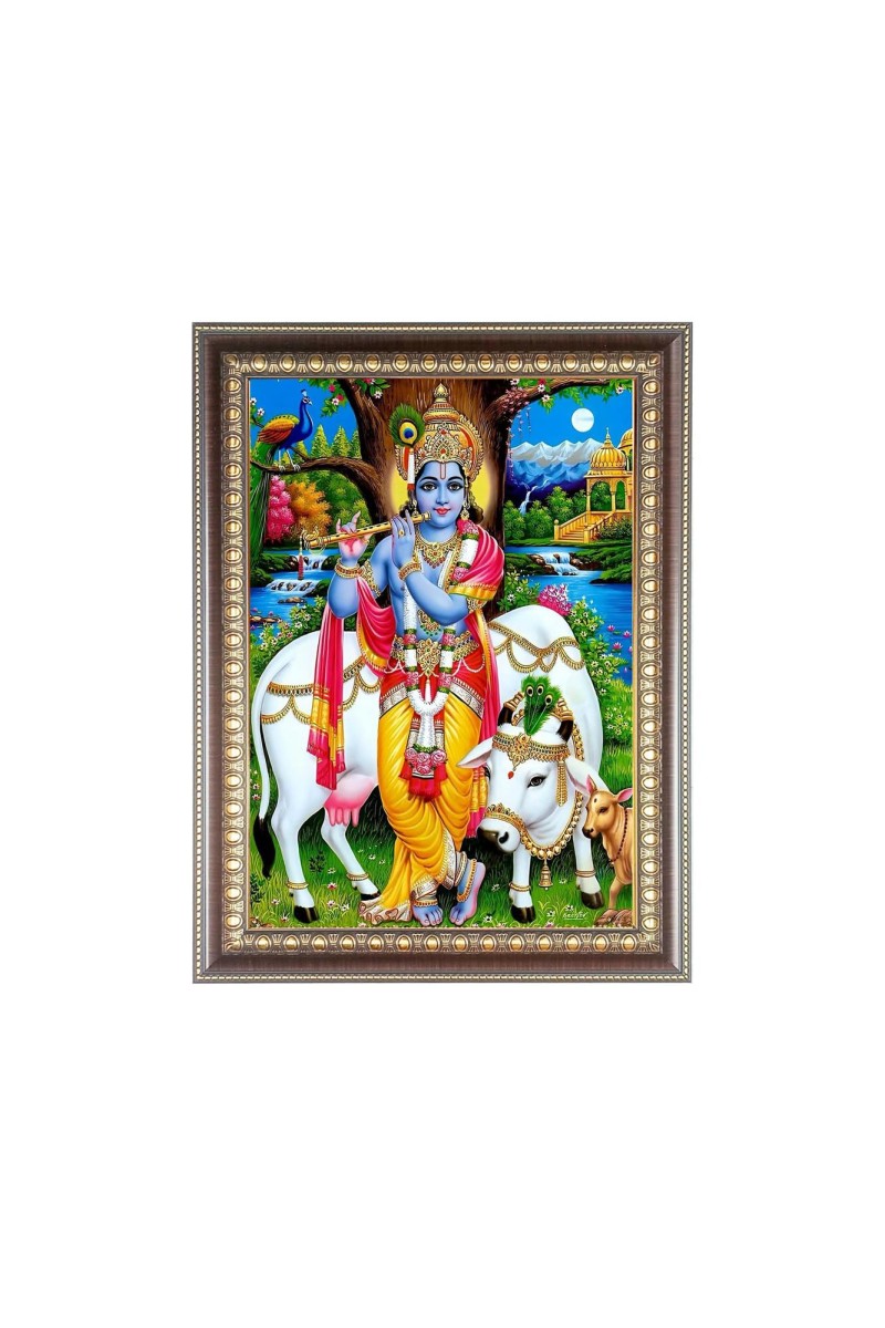 Sri Krishna With cow Photo Frame - 14x18 Inches, Brown Wooden Frame for Home, Office & Temple Decoration