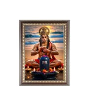 Sri Hanuman ji with Lord Shiva Lingam Photo Frame - 12x16 Inches, Brown Wooden Frame for Home, Office & Temple Decoration