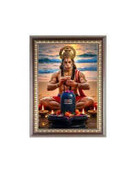 Sri Hanuman ji with Lord Shiva Lingam Photo Frame - 12x16 Inches, Brown Wooden Frame for Home, Office & Temple Decoration