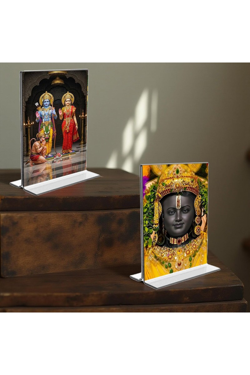 Sri Ram & Ram Lalla Acrylic T-Style Photo Stand, Compact and Stylish Spiritual Display, easily change 2 photos (Pack of 1)